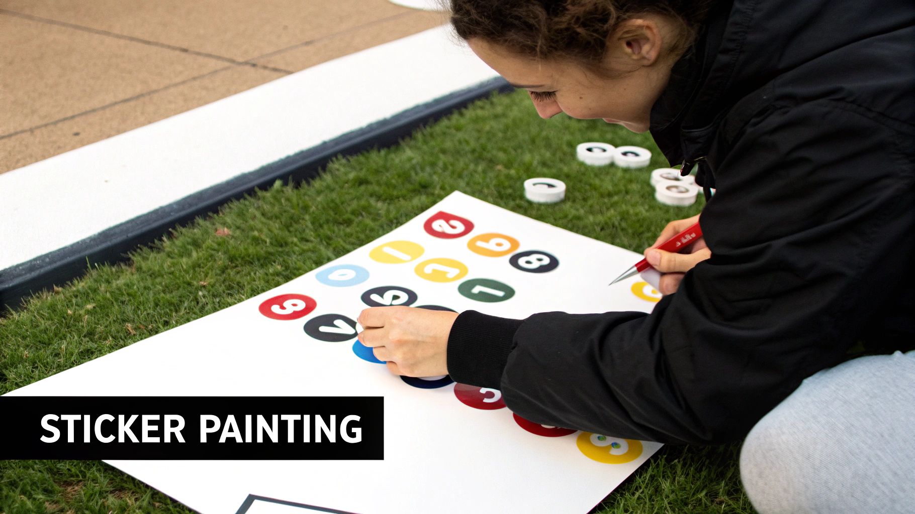 Young person carefully places colored number stickers on a large white sheet during an outdoor art activity.