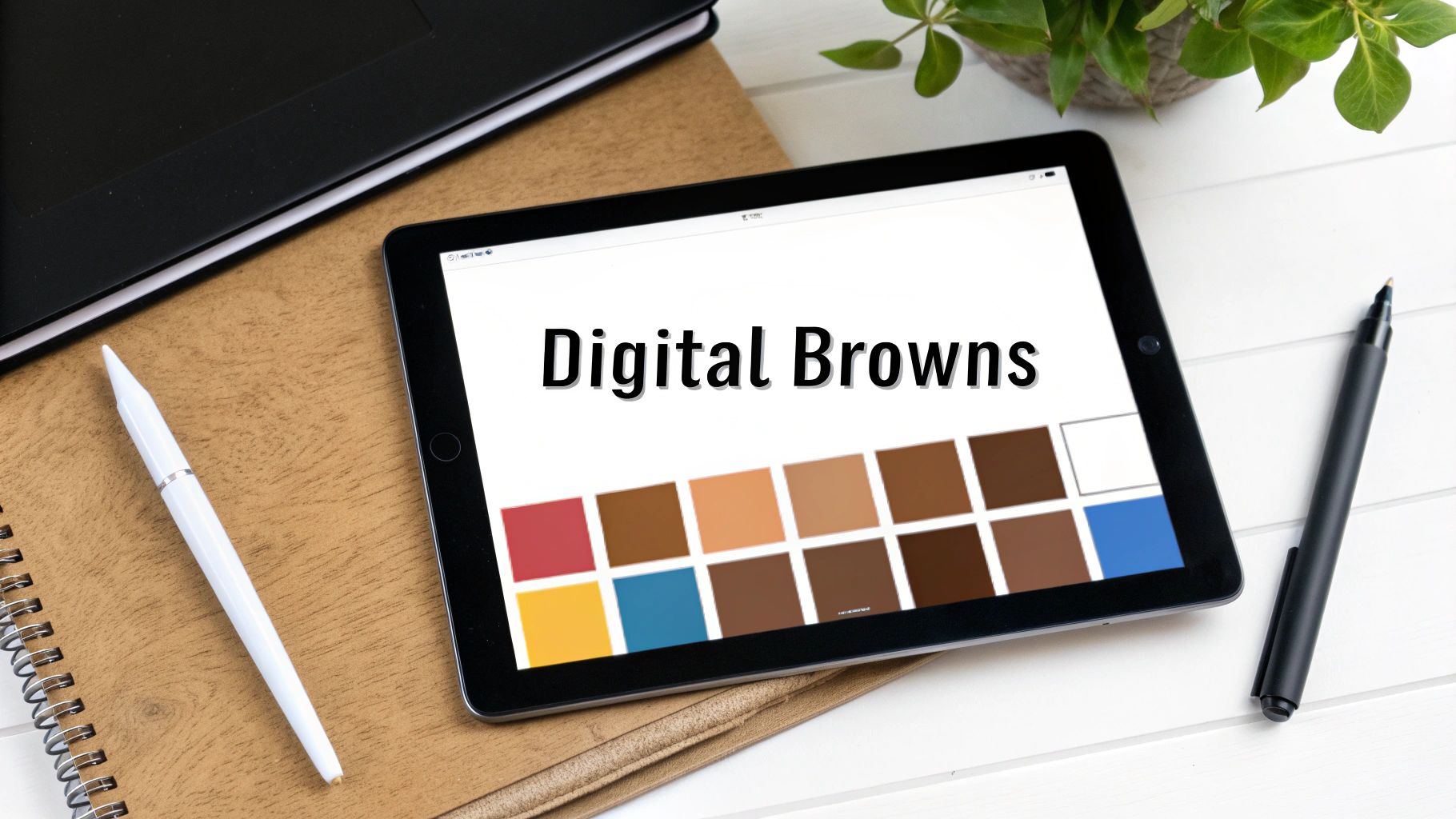Flat lay of a tablet displaying digital brown color swatches next to pens and a notebook.