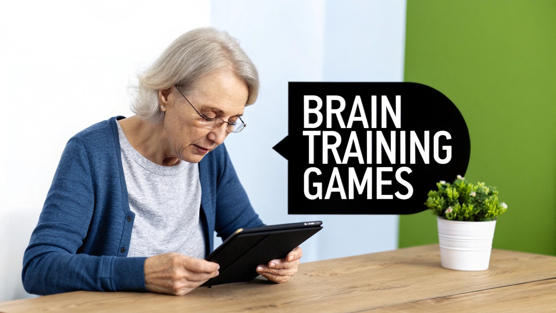 Senior woman using tablet for brain training games at wooden table