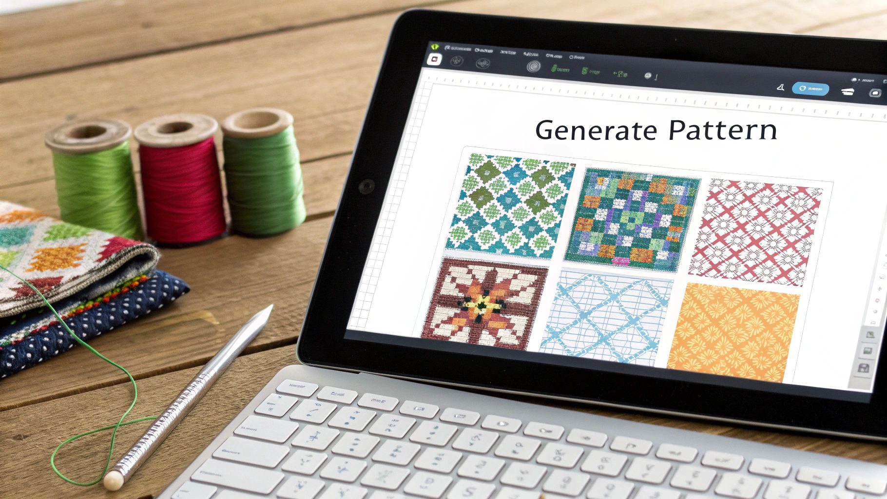 A tablet shows generated cross-stitch patterns, surrounded by colorful threads, fabric, and a stylus.