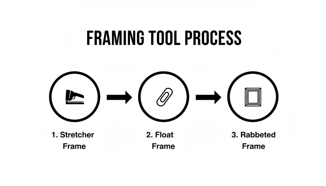 Framing tool process flow showing three steps: Stretcher, Float, and Rabbeted frames with icons.