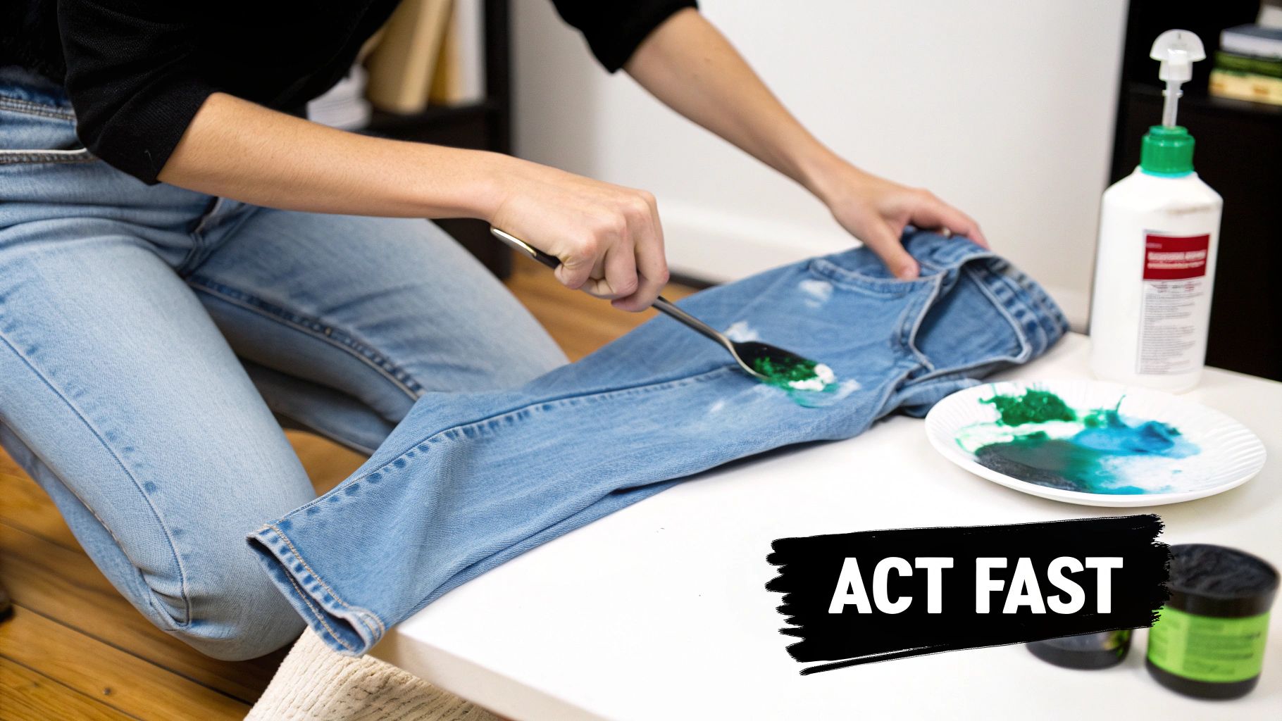 A person uses a spoon to scrape green and white paint off blue jeans, with a cleaner bottle nearby.