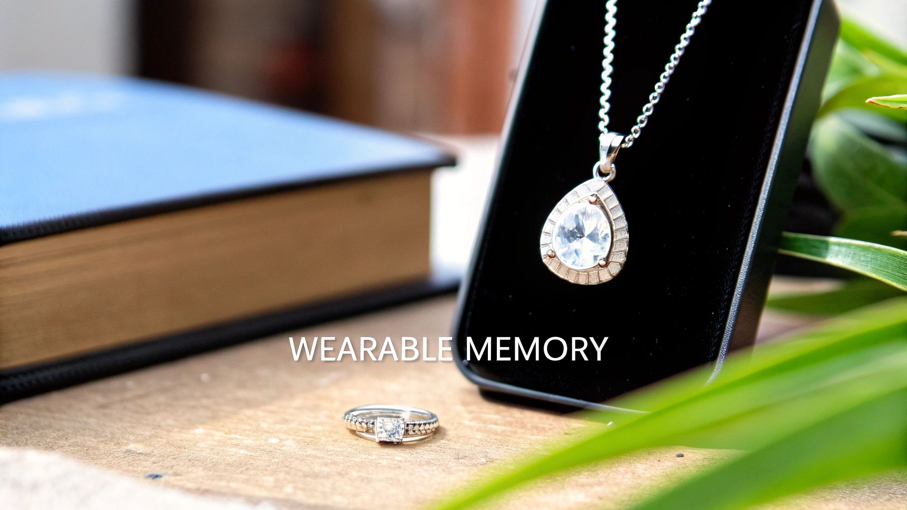 Elegant silver necklace with a teardrop crystal pendant in a black box, next to a matching ring.