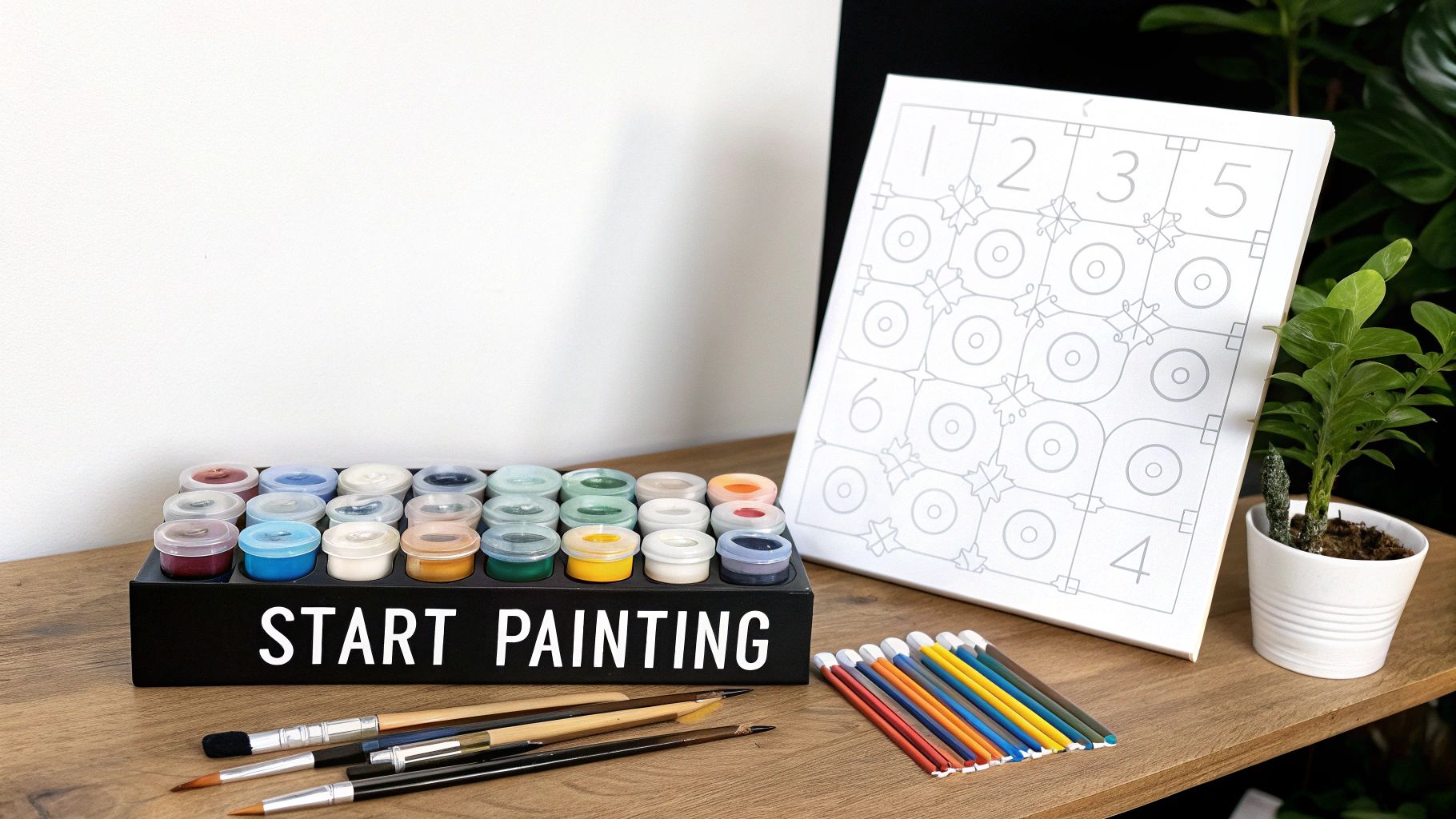 A paint-by-number kit displayed on a wooden table with paints, brushes, canvas, and a small plant.