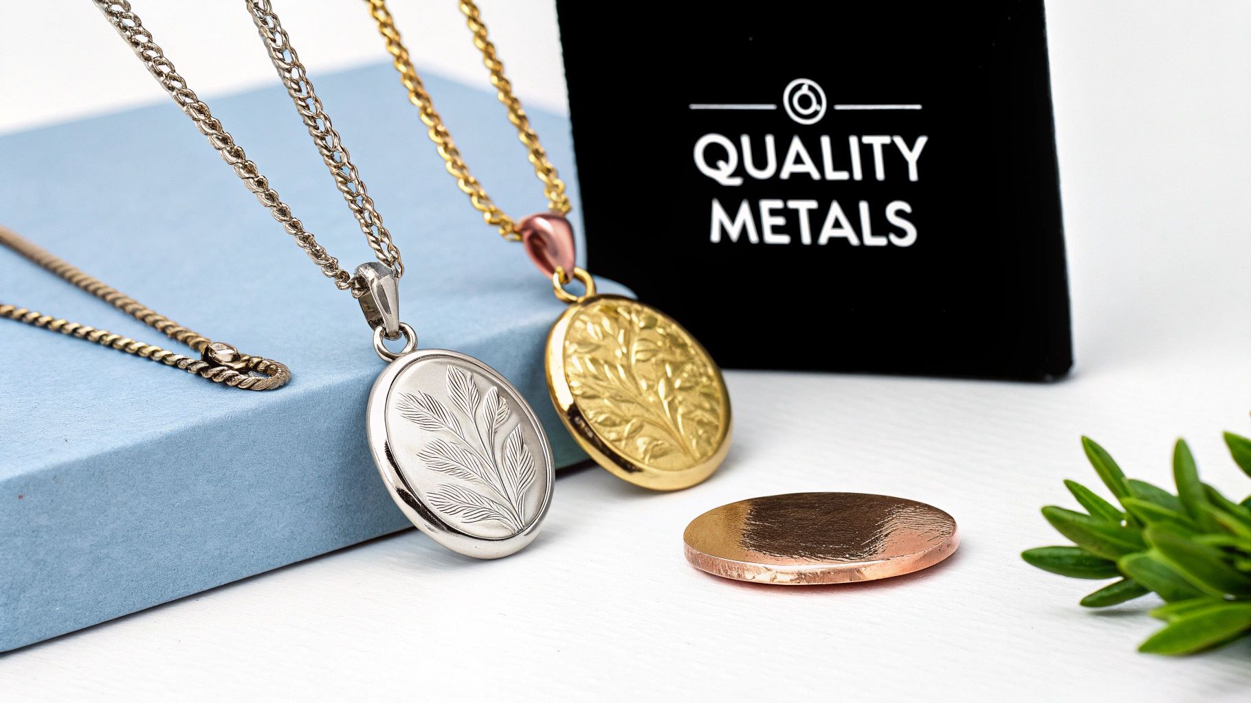 Elegant silver and gold lockets with intricate designs, a rose gold disk, and a 'Quality Metals' display.