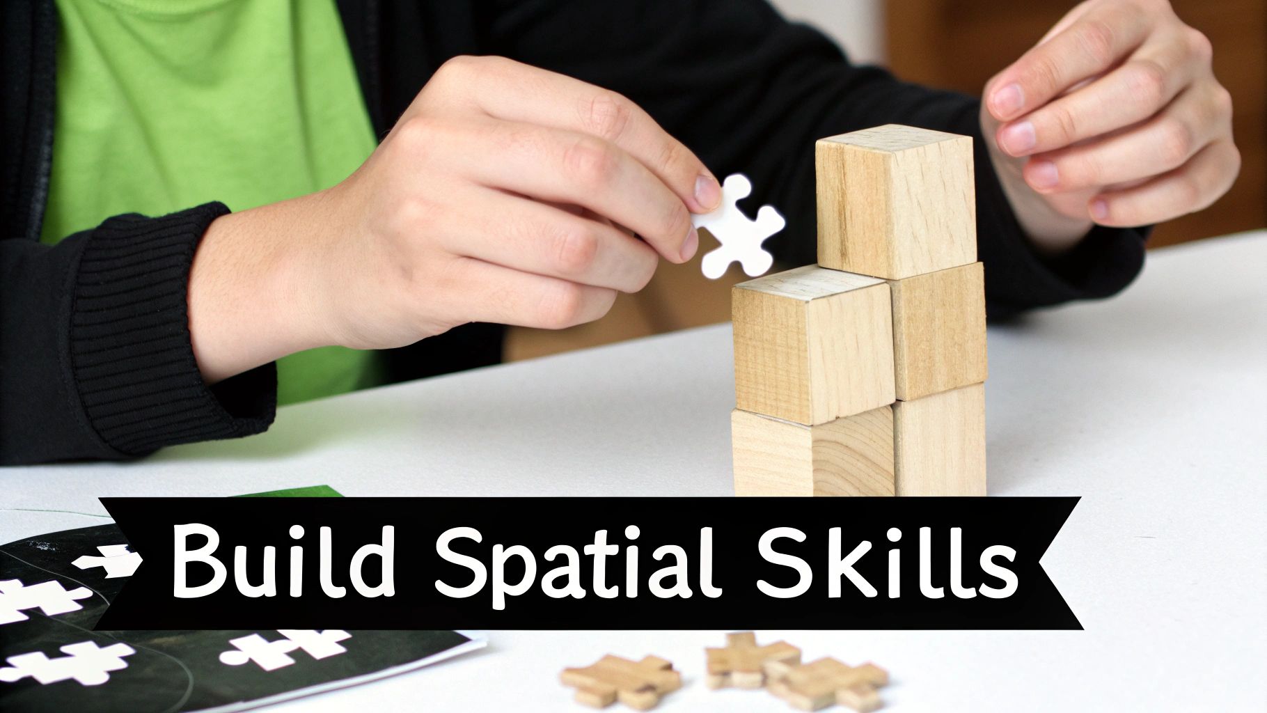 A child's hands place a white puzzle piece next to wooden blocks, with "Build Spatial Skills" text.