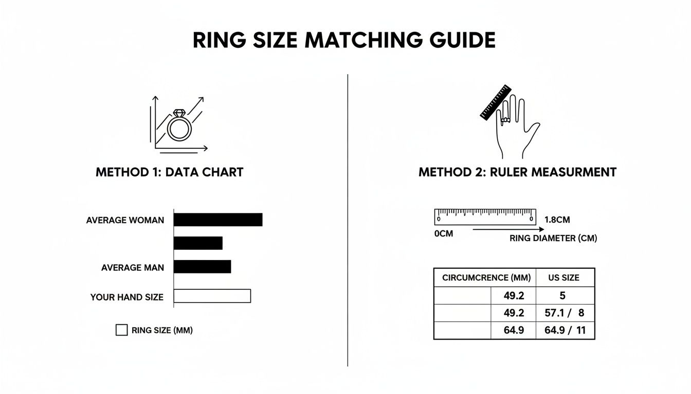 Ring size guide detailing how to measure ring size using average data and ruler with a circumference conversion chart.