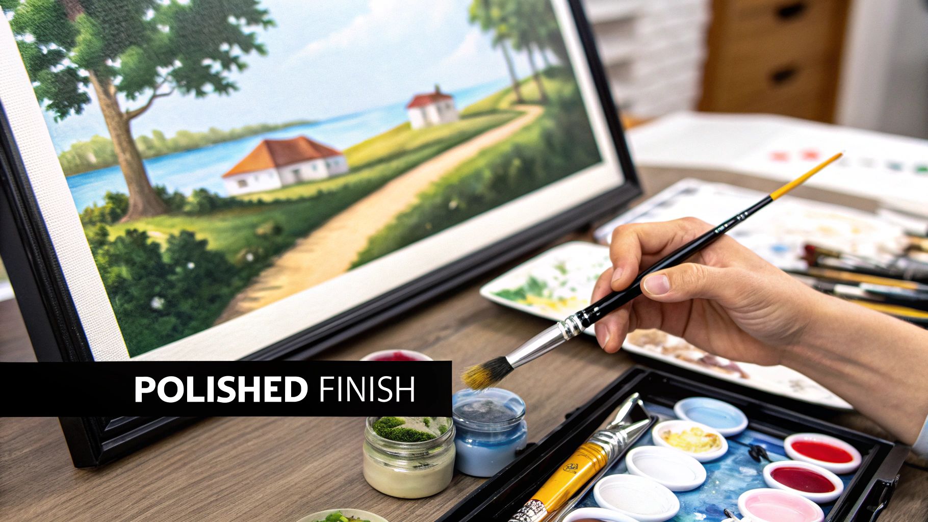 A person's hand holds a paintbrush over a palette with colorful paints, next to a framed landscape painting.