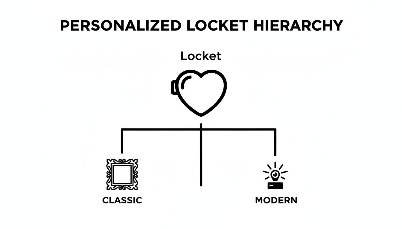 Diagram illustrating personalized locket hierarchy, branching into classic and modern design styles with icons.
