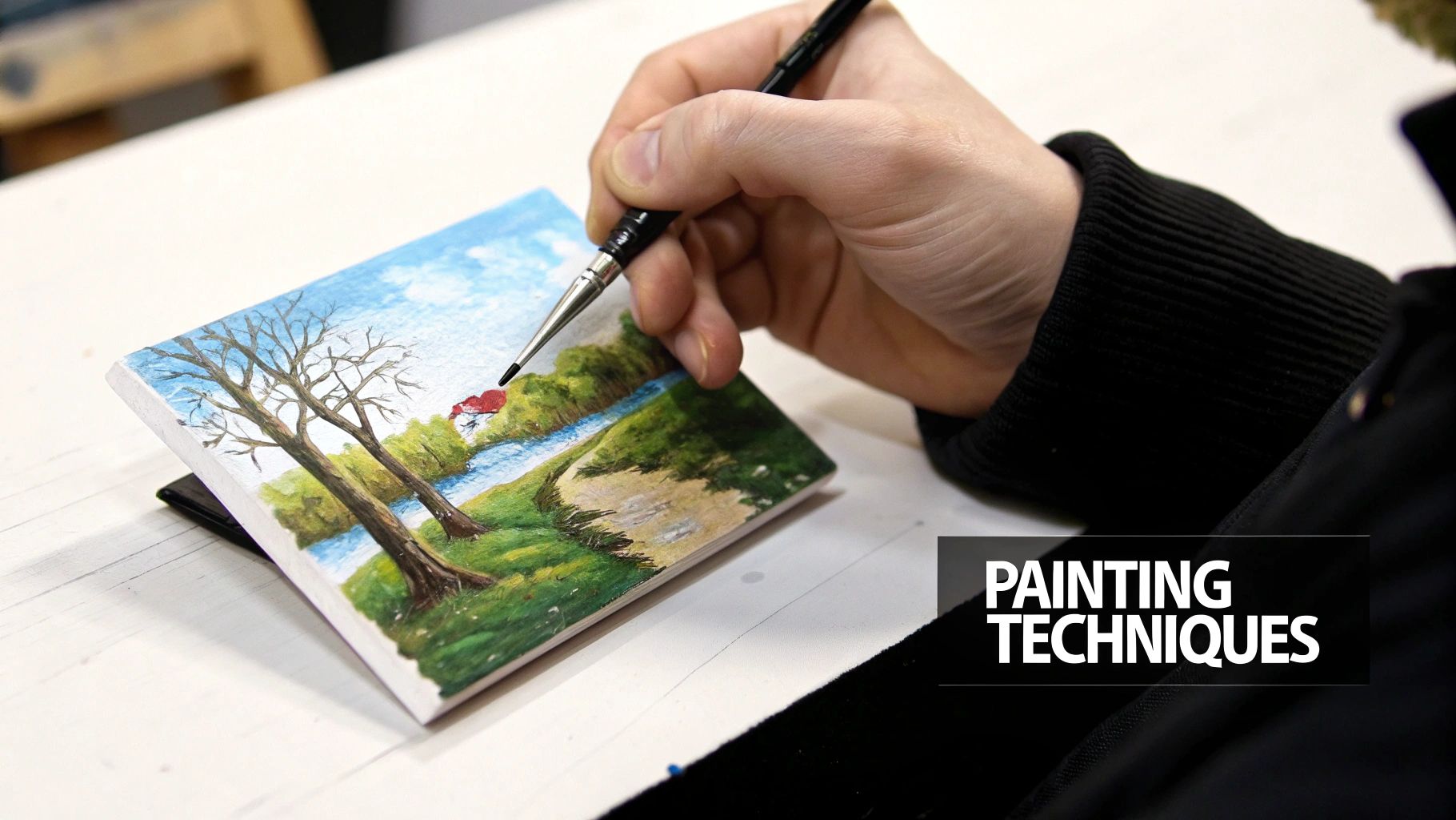 Close-up of a hand meticulously painting a miniature landscape scene with a fine brush, demonstrating artistic techniques.