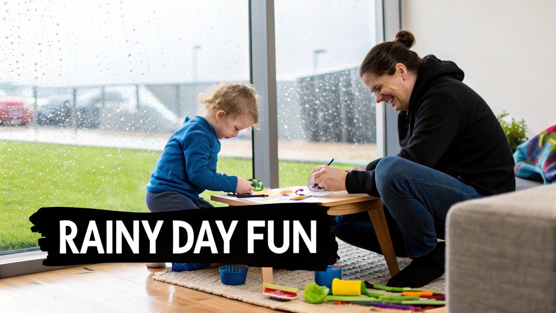A child and adult happily drawing and crafting indoors on a rainy day by a large window.