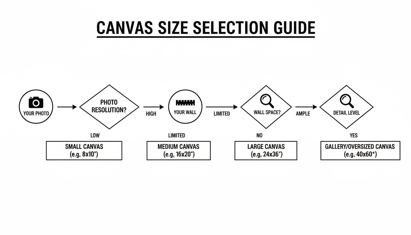 A flowchart illustrating a canvas size selection guide based on photo resolution, wall space, and detail level.