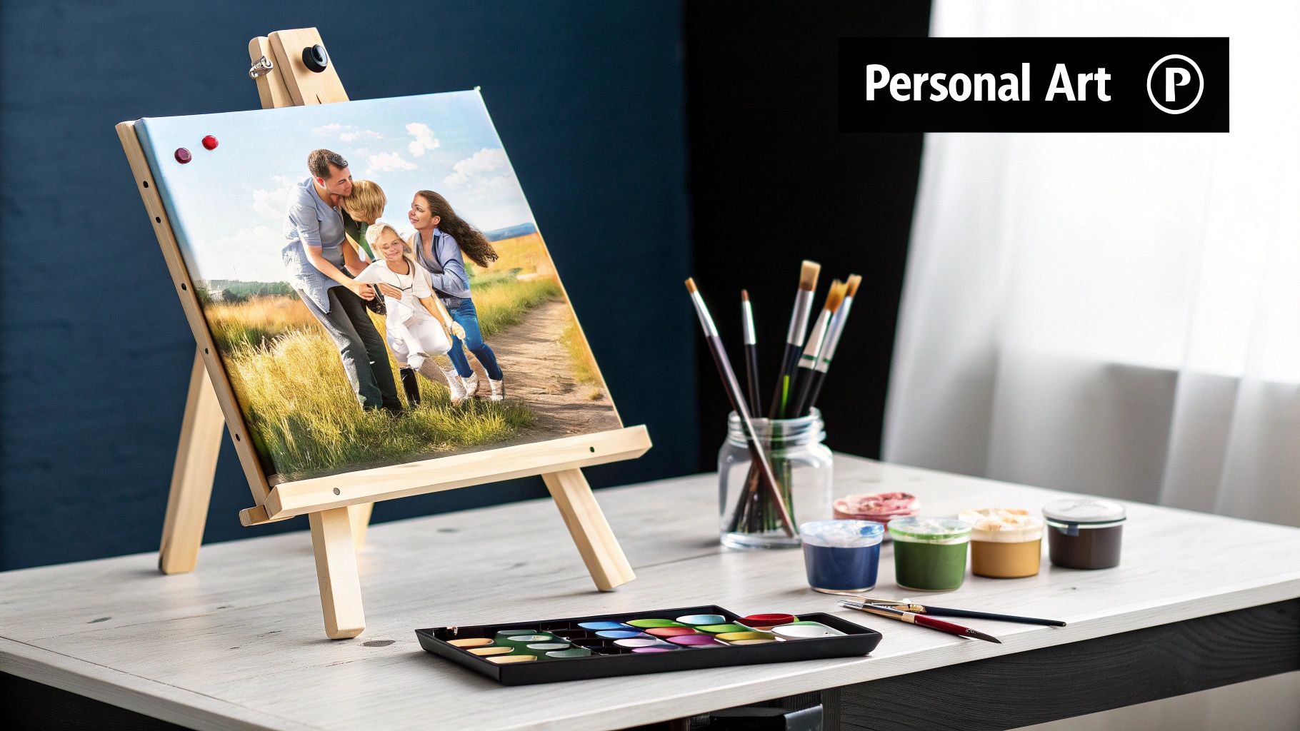 A person painting a custom paint by number canvas of their dog.