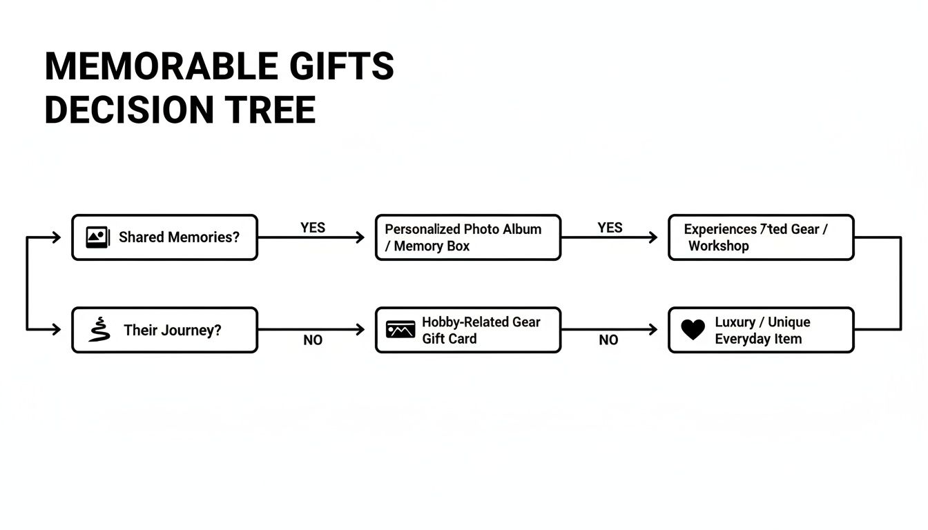 A memorable gifts decision tree diagram guiding choices based on shared memories or their journey.