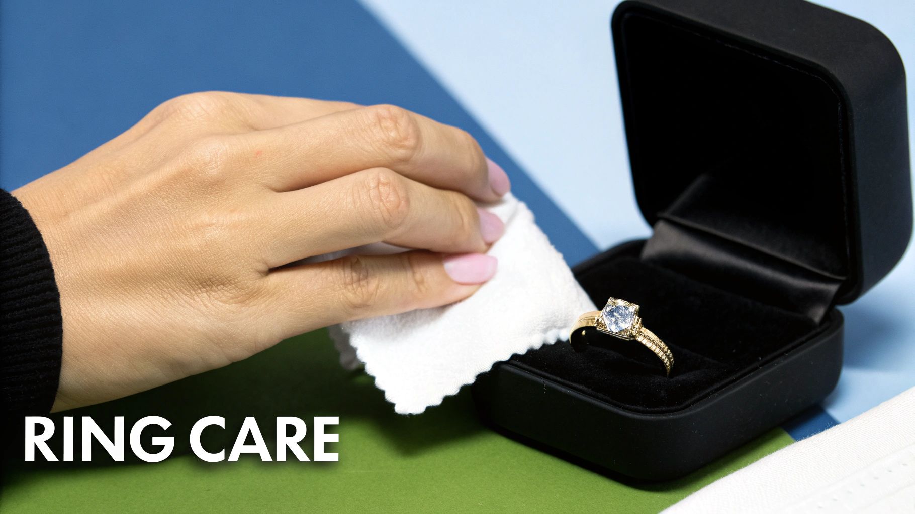 A hand gently cleans a golden diamond ring in a black box with a white cloth, emphasizing ring care.