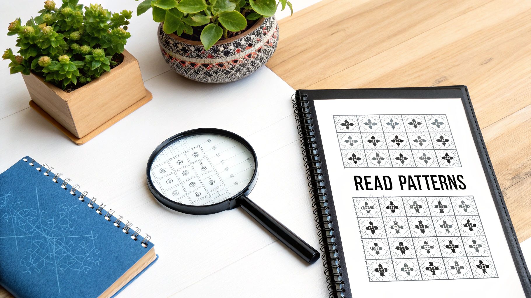 A flat lay of a desk with plants, notebooks, a magnifying glass, and a pattern book.