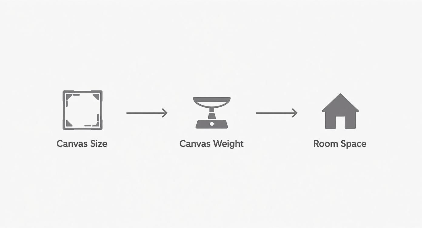 A diagram illustrating the connection between canvas size, canvas weight, and room space, with respective icons.