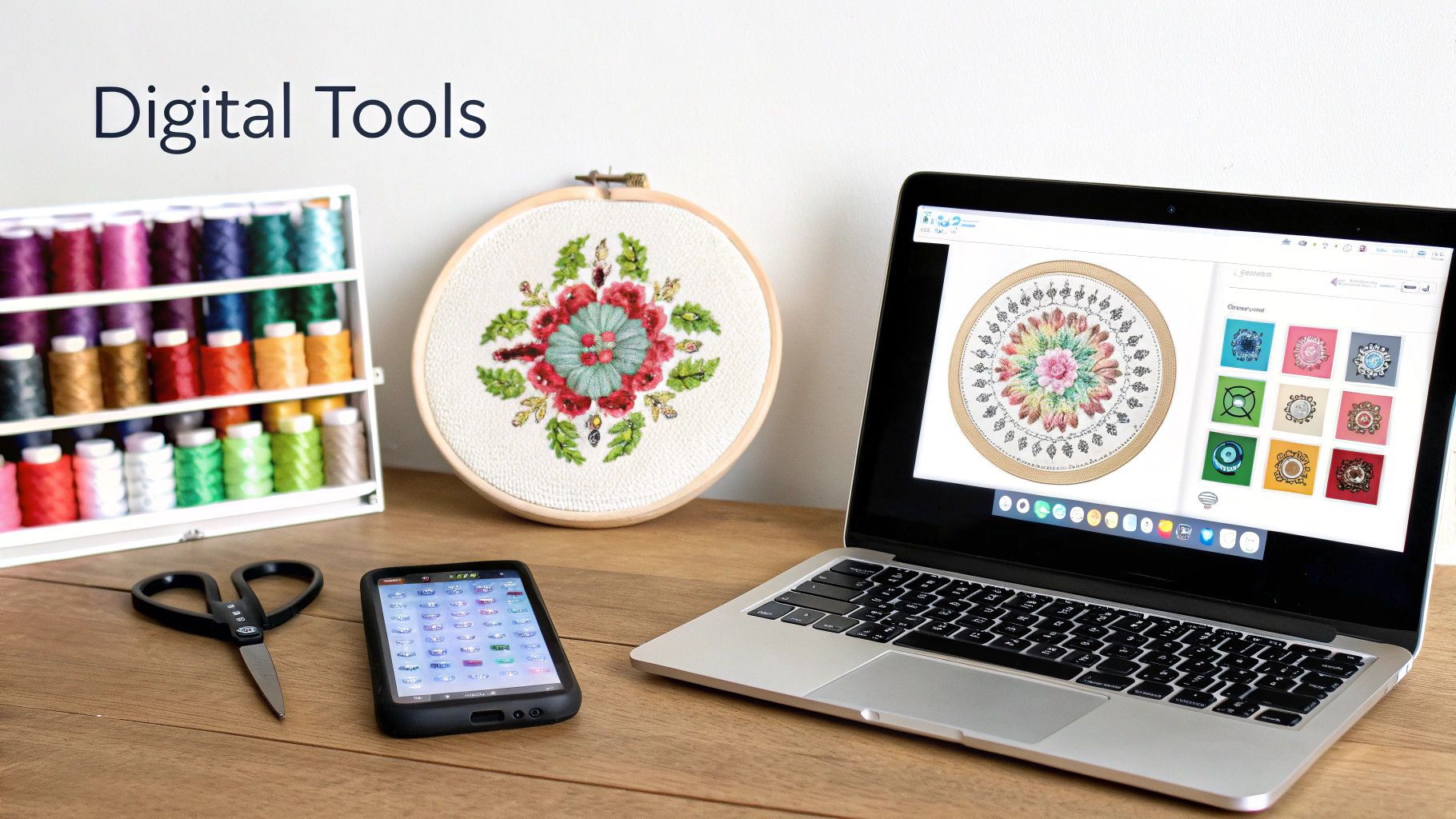Embroidery supplies like colorful threads and scissors next to a laptop and smartphone showing digital design tools.