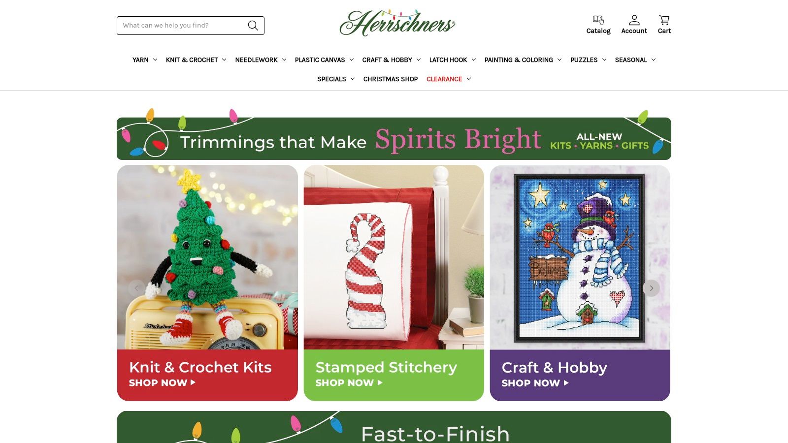 A screenshot of the Herrschners website showing a variety of Christmas ornament cross stitch kits, including snowmen, gnomes, and classic holiday scenes.