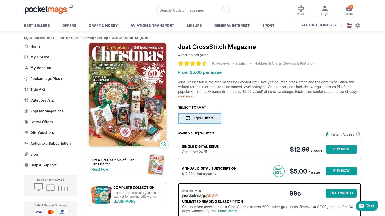 A collage of finished cross stitch ornaments from a Just CrossStitch Christmas issue, showcasing various styles and shapes like snowmen, wreaths, and lettering.