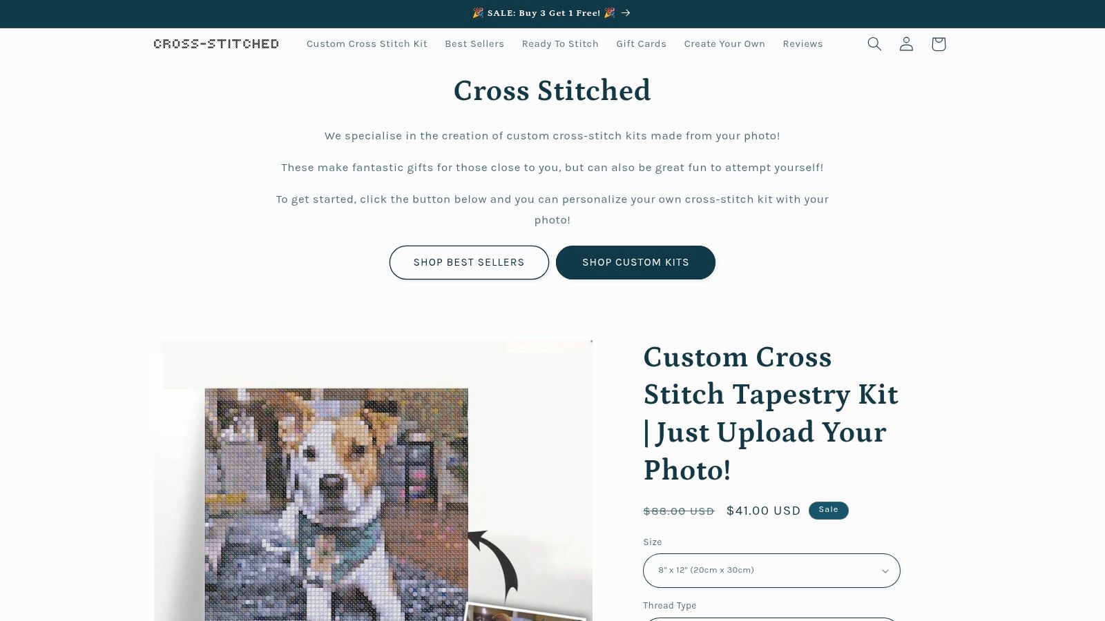 A custom cross-stitch kit from Cross Stitched showing a photo of a person and the corresponding pattern and threads.
