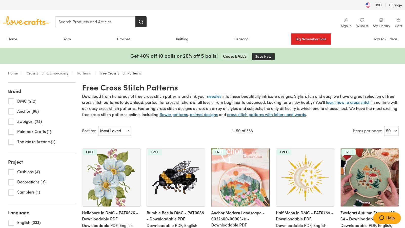 LoveCrafts – Free Cross Stitch Patterns (with DMC filter)