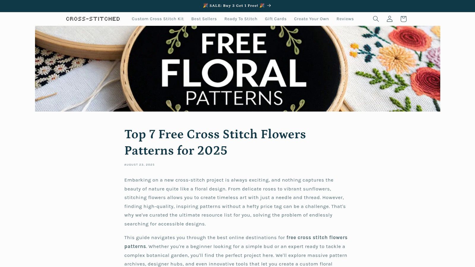 A webpage showcasing a variety of cross stitch patterns featuring flowers, with a prominent title and introductory text.