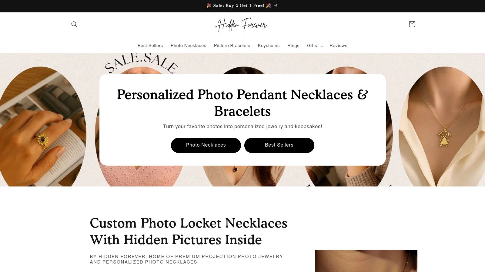 A collection of Hidden Forever's photo projection jewelry, including necklaces and bracelets, showcasing their elegant designs.