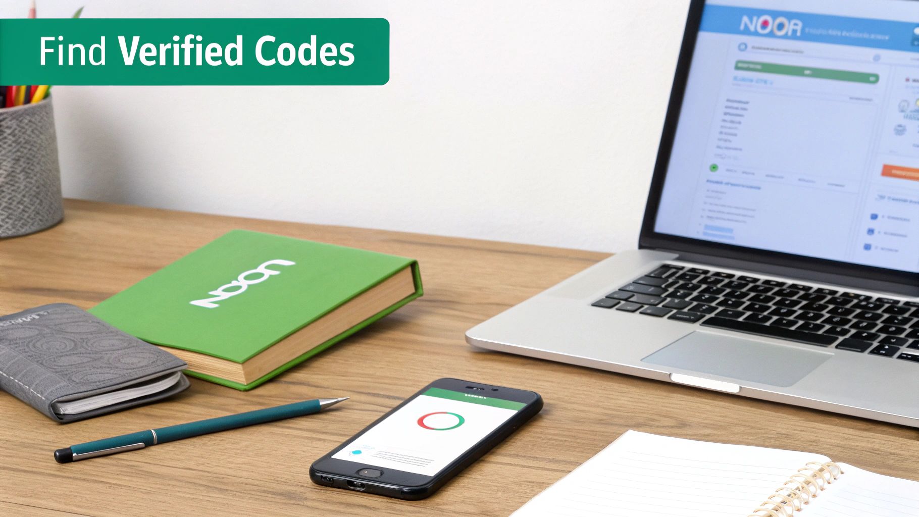 A desk setup with a laptop showing 'NOOR', a 'noon' branded book, a smartphone, and stationery, emphasizing finding verified codes.