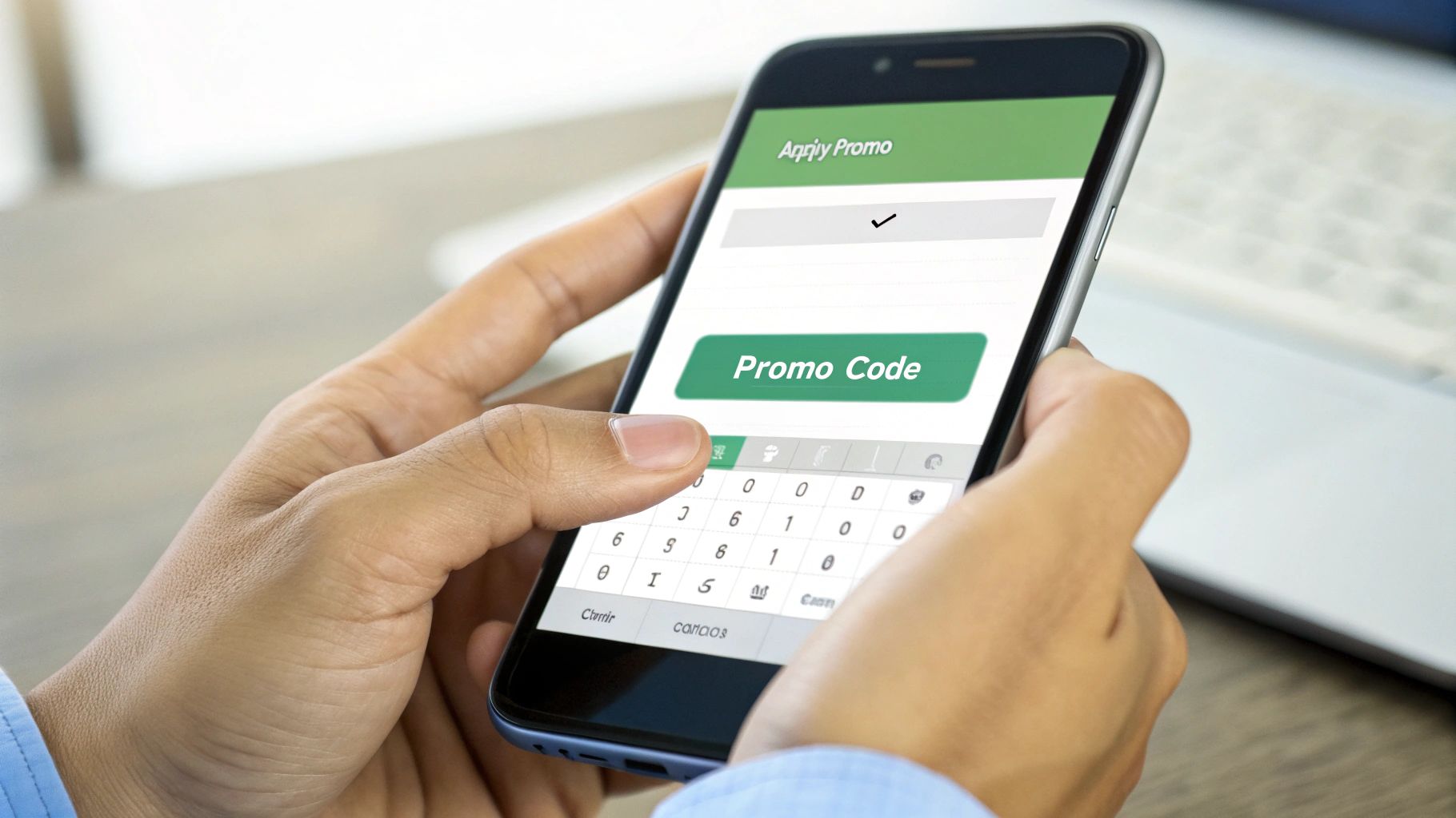 Close-up of hands holding a smartphone, entering a promo code on a mobile app interface.