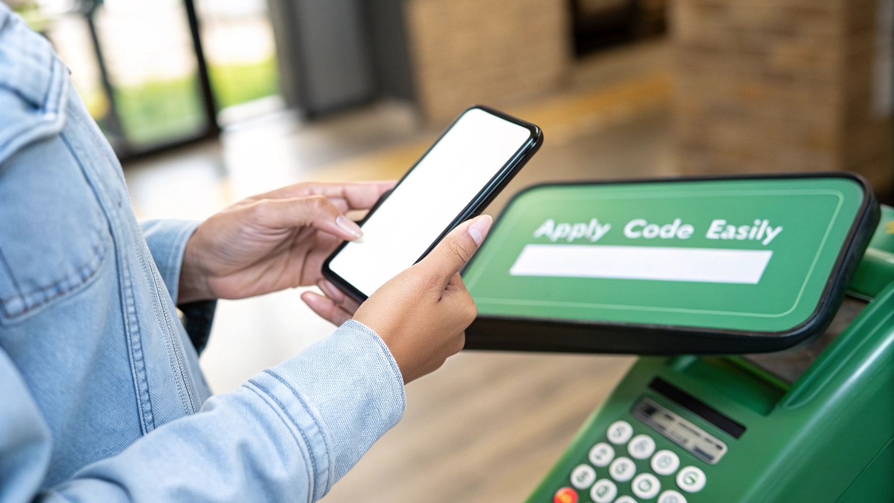 A person holds a smartphone with a blank screen over a green terminal to apply a code.
