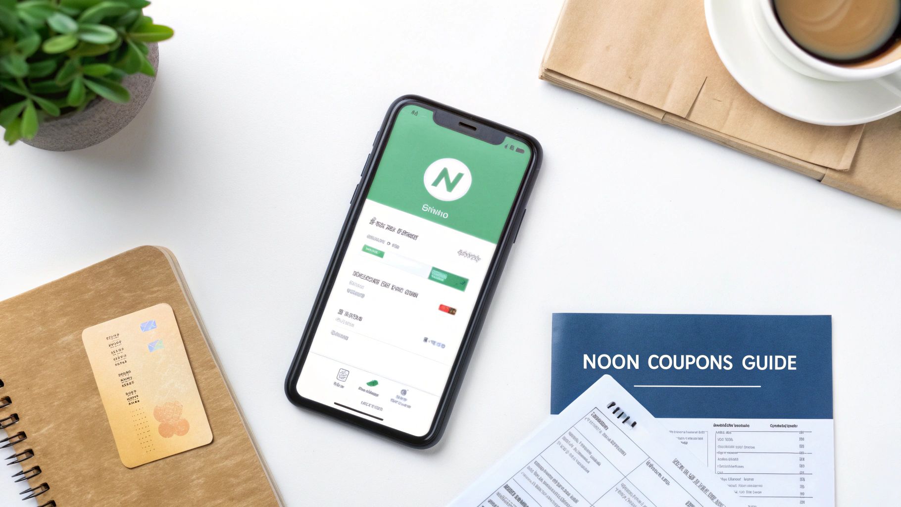 Overhead shot of a workspace with a smartphone displaying a green app, a Noon Coupons Guide booklet, coffee, and a plant.