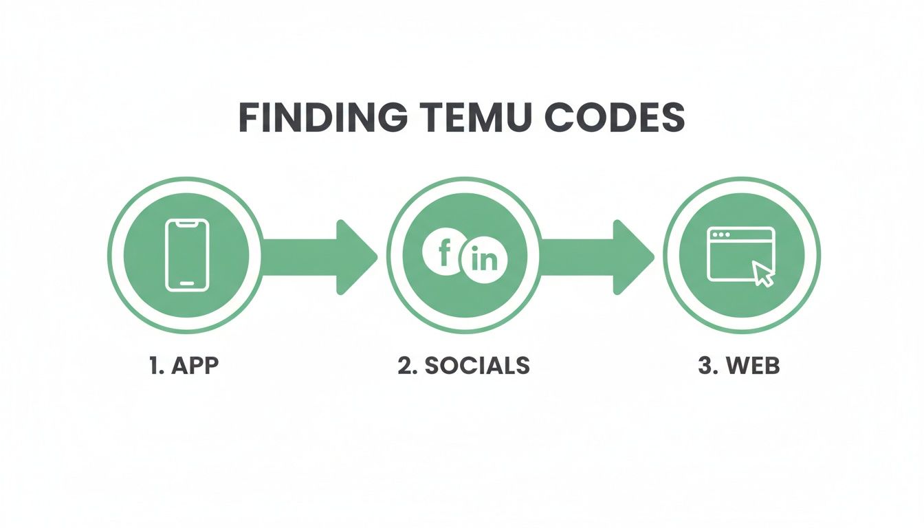 Diagram illustrating three methods for finding Temu codes: via app, social media, and web.