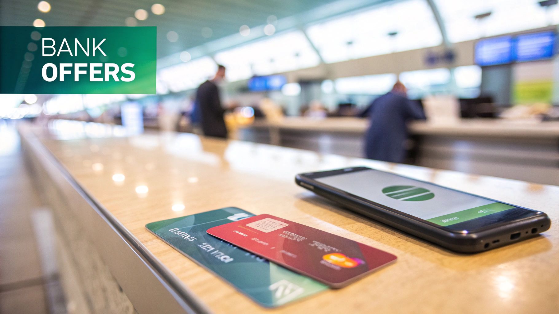 Credit cards and a smartphone on a bank counter, highlighting bank offers and digital banking.