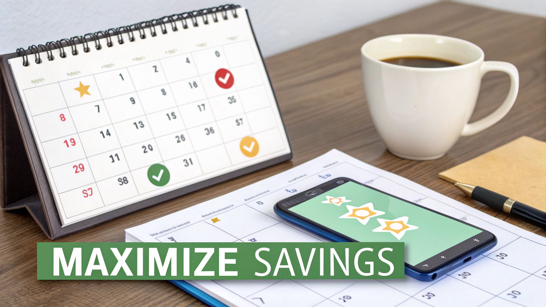 A desk setup with a calendar, smartphone showing stars, coffee, and a banner saying 'MAXIMIZE SAVINGS'.