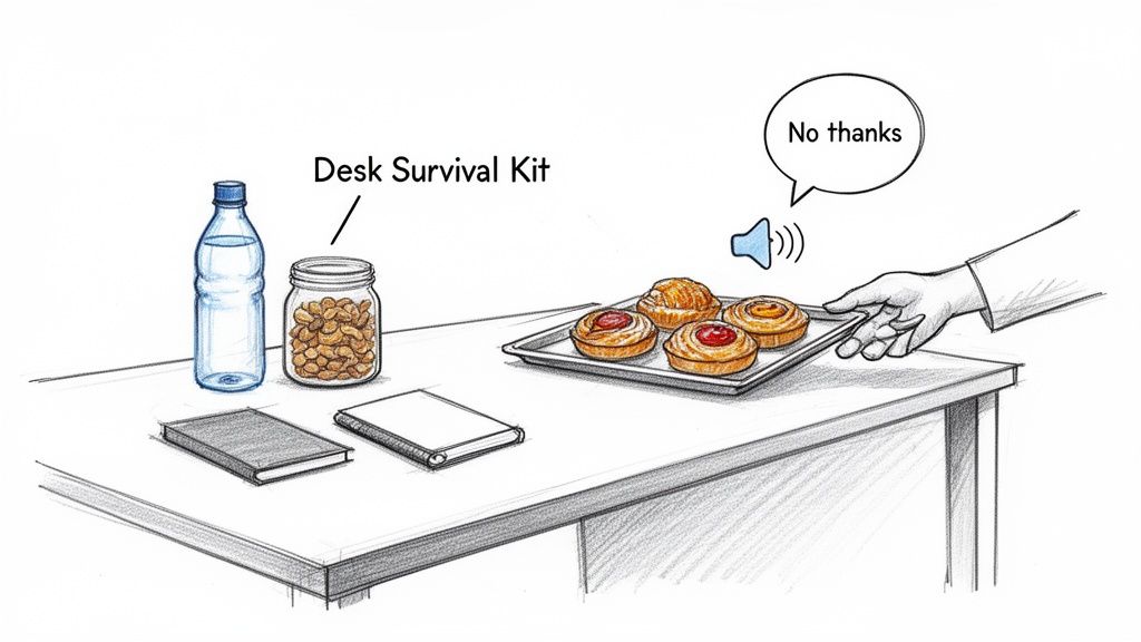 A hand declines a tray of pastries, opting for a desk survival kit with water and nuts.