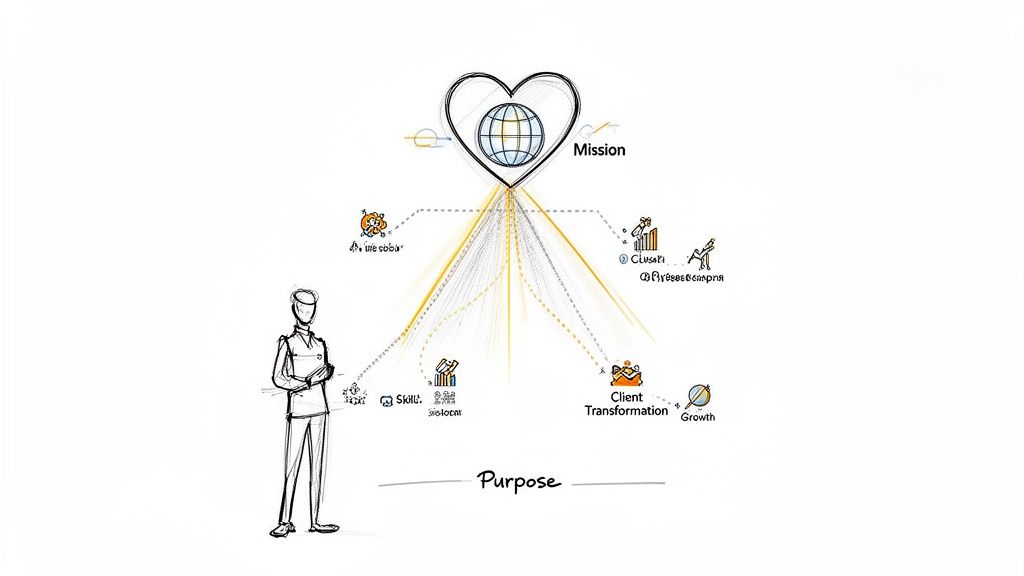 A diagram illustrates a mission (globe in a heart) connected to staff skills, client transformation, and growth.