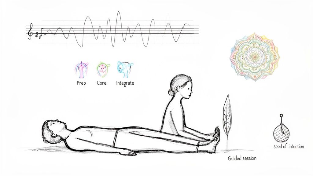 Illustration showing stages of a guided session with musical notes, mandala, and intention setting.