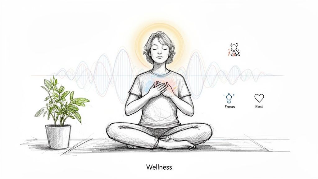 A person meditating with closed eyes, hands on chest, surrounded by abstract waves, a plant, and icons representing focus and rest, illustrating wellness.