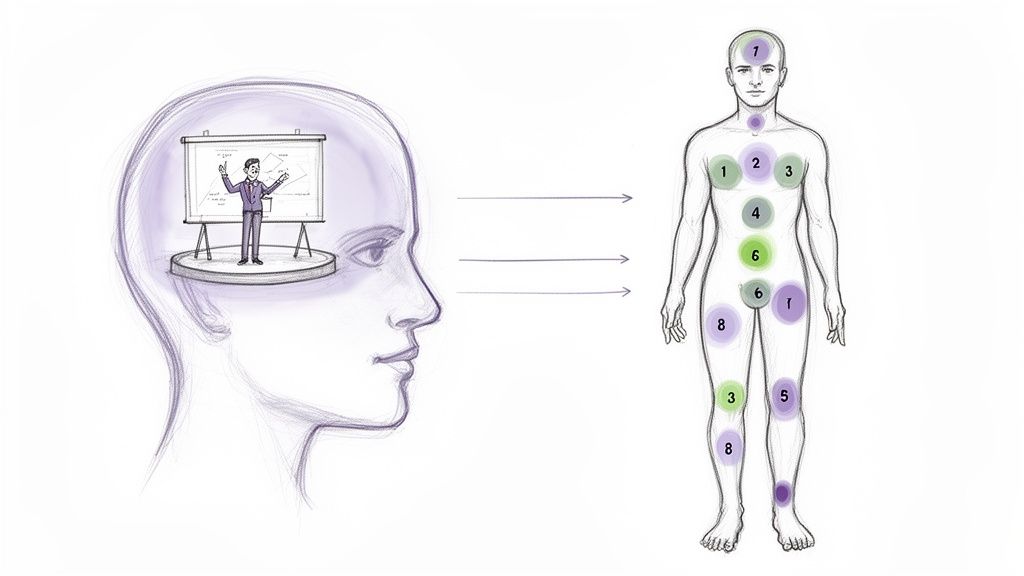Illustration of a speaker in a head influencing numbered body regions, symbolizing mind-body connection and guided meditation.