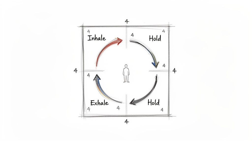 A diagram illustrating box breathing, showing inhale, hold, exhale, and hold steps, each for 4 counts, around a central figure.