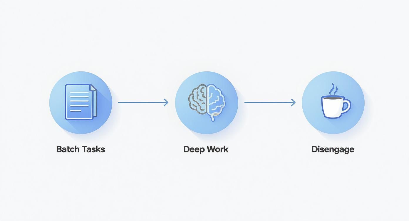 Process diagram showing batch tasks, deep work, and disengagement for mental clarity and productivity.