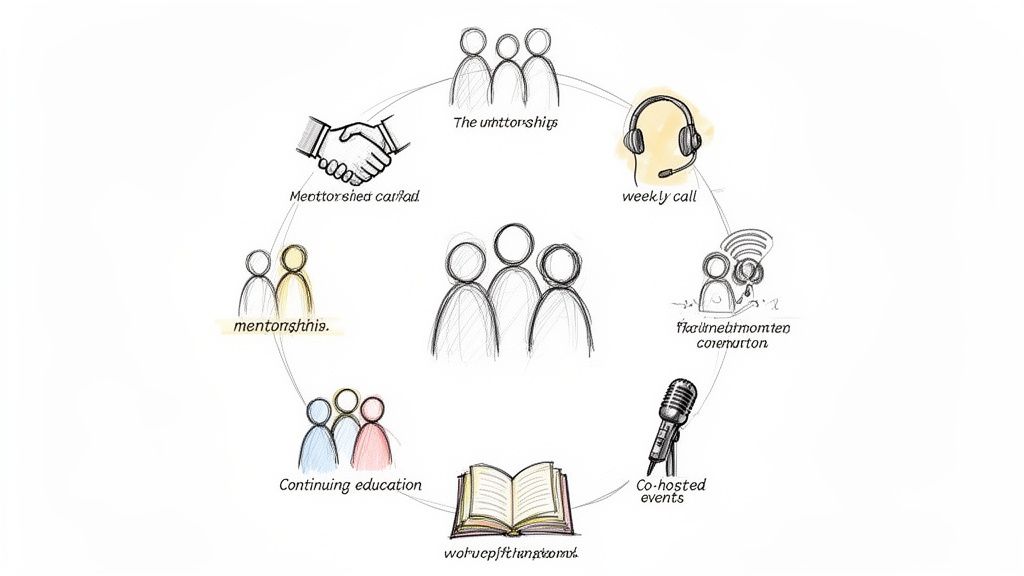 A circular diagram illustrating a community program with mentorships, weekly calls, continuing education, events, and communication channels.