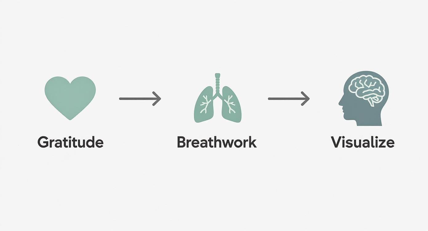 A three-step process showing gratitude (heart), breathwork (lungs), and visualization (brain).