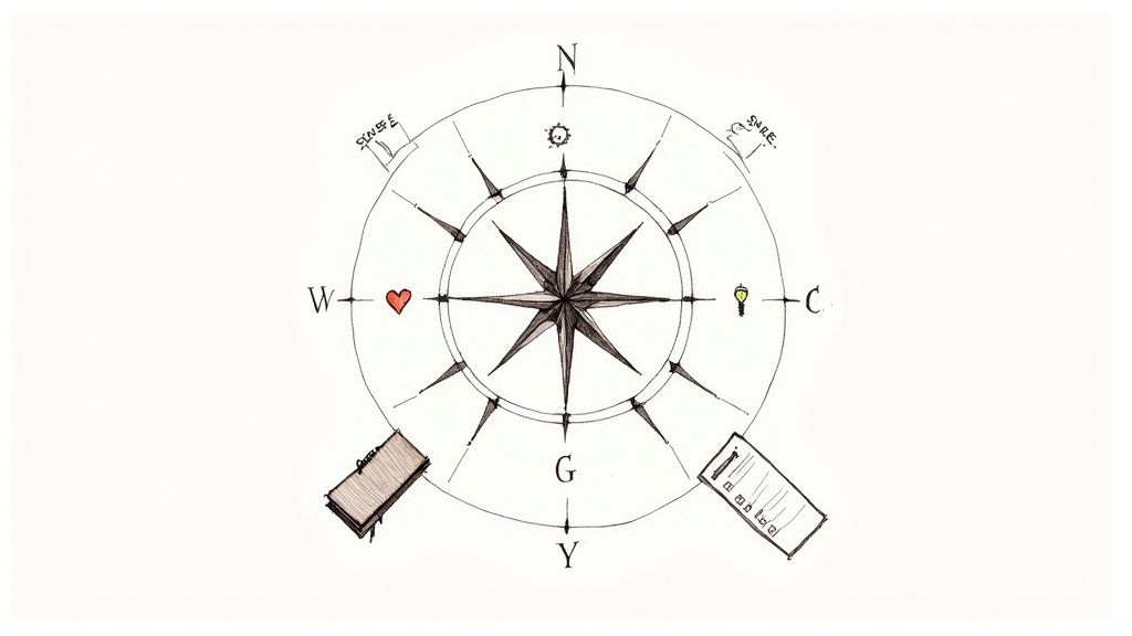 A compass being held in someone's hands, pointing North, with a beautiful natural landscape in the background.
