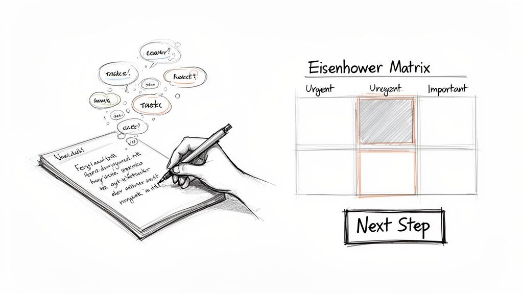 A sketch showing a hand writing tasks on a notepad and an Eisenhower Matrix highlighting "unurgent, important" tasks.