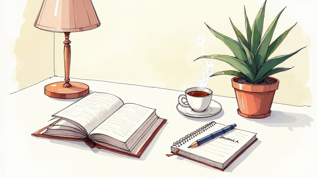 A person journaling in a calm, peaceful setting.