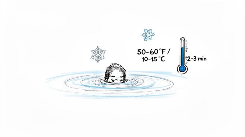Illustration of a person's head immersed in cold water, with snowflakes, showing temperature and duration for cold plunge.