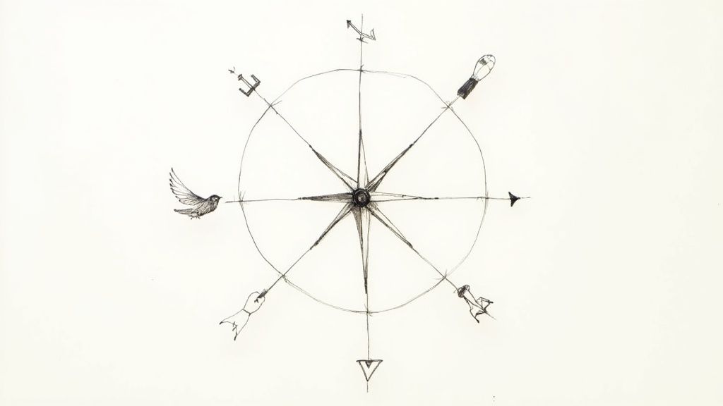 Hand-drawn compass rose illustration featuring a bird, lightbulb, and various symbolic elements.