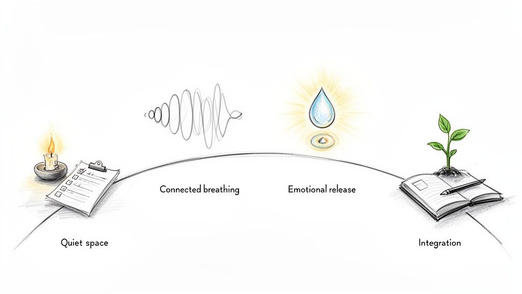 A visual representation of a breathwork journey, showing stages like quiet space, connected breathing, emotional release, and integration.